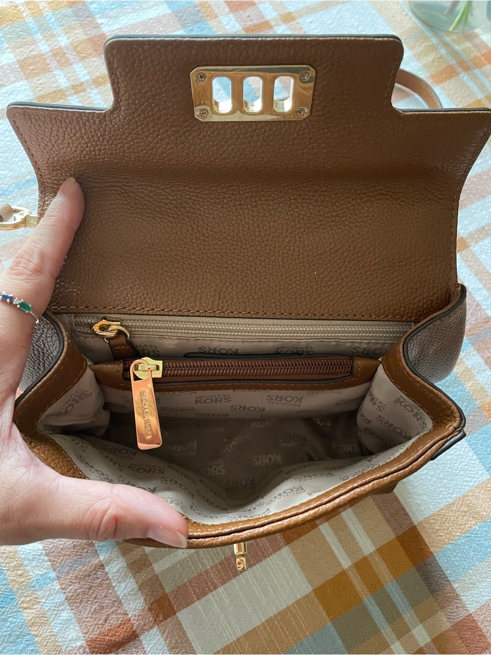 Michael Kors Brown & Yellow Woven Leather Satchel - Picture 7 of 11